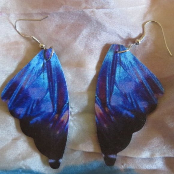 Faux Leather Blue BUTTERFLY Wings Pierced Earrings 7 cm 3" (K313) - Picture 2 of 3